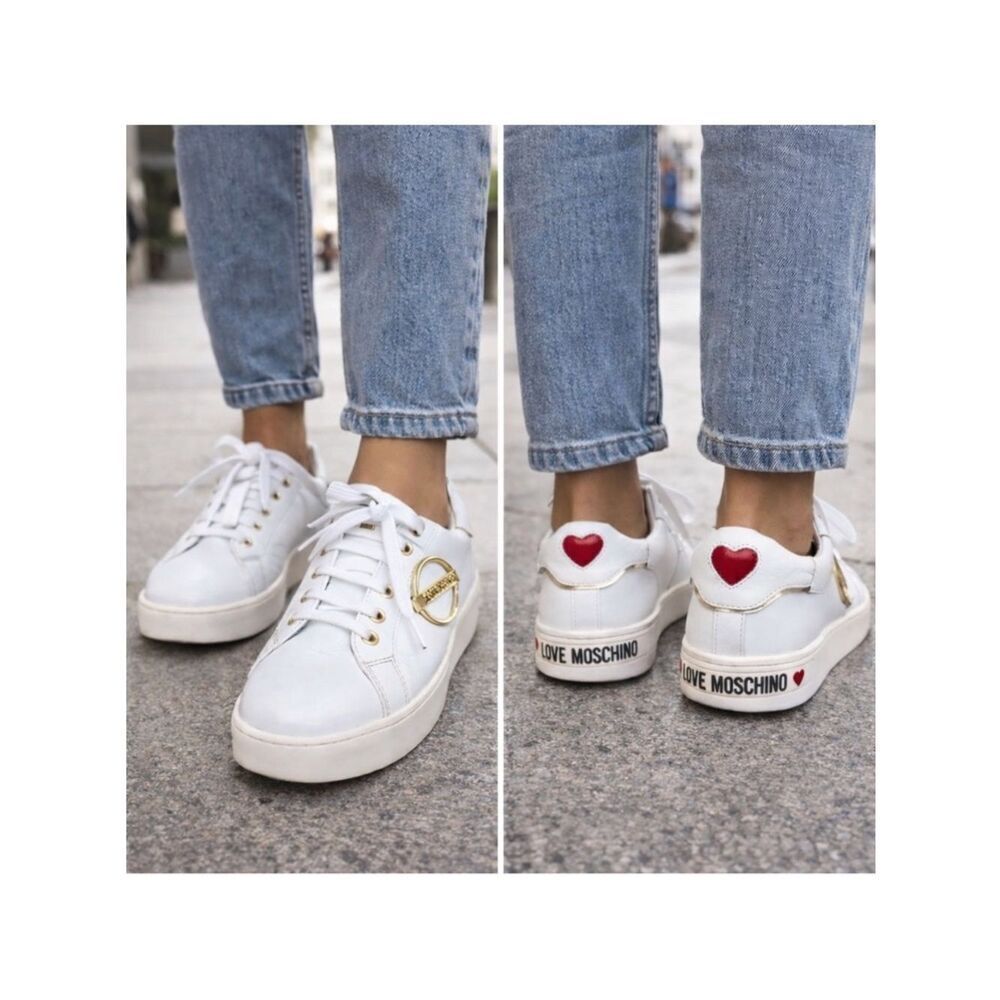Love Moschino White Leather Sneakers with Gold Hardware & Heart Detail ❤️